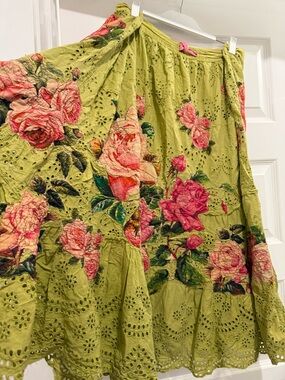 Magnolia Pearl Olive Green Maxi Skirt with Pink Rose Motif